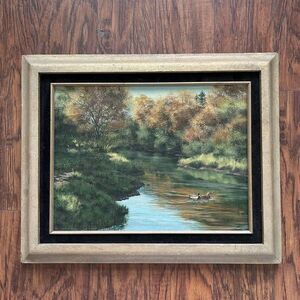 Johnson Oil Painting Ducks River Landscape Vintage Framed Art Velvet Mat Signed